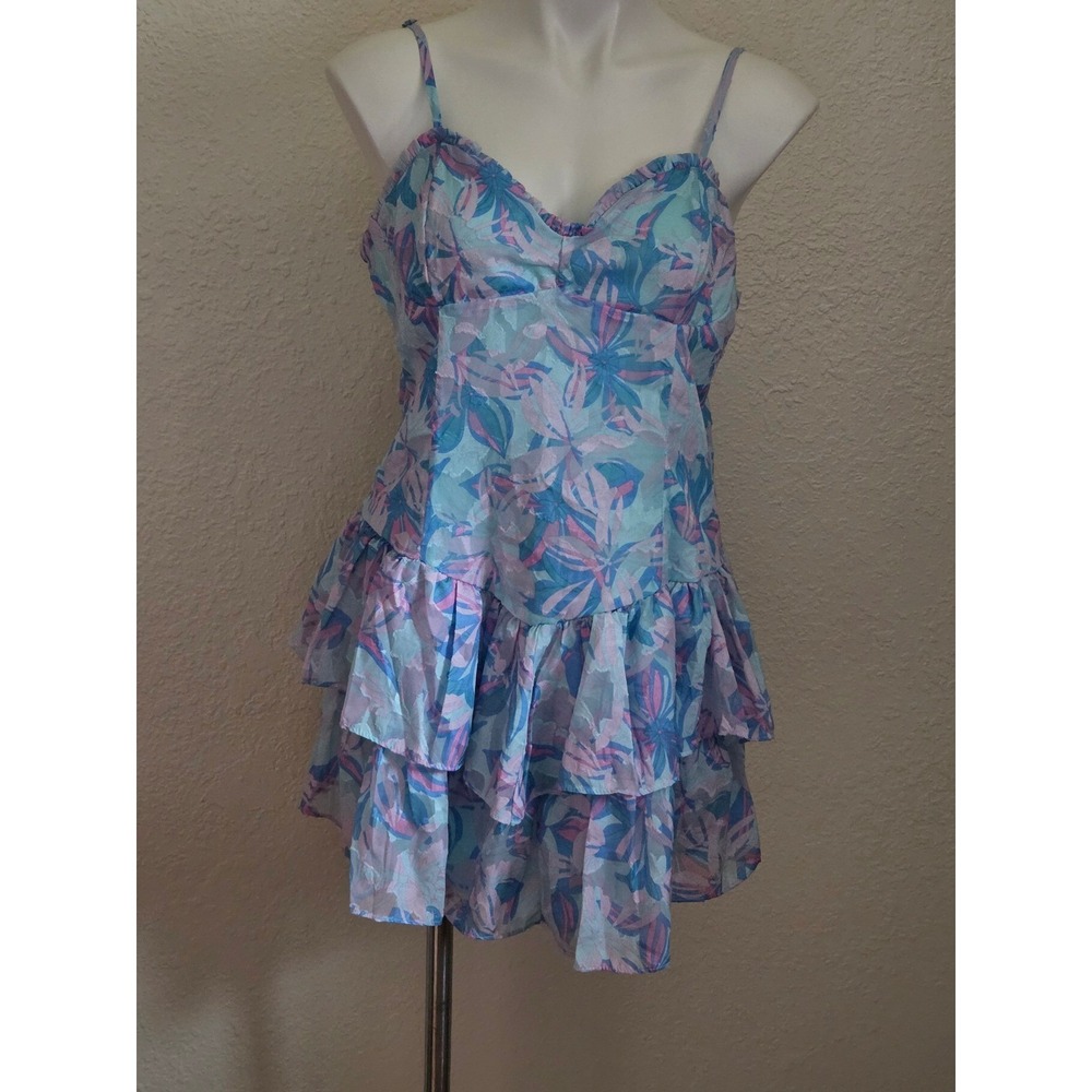 Wild Fable Floral Tiered Ruffle Mini Dress Blue Pink Purple Smocked Back Lg NWT